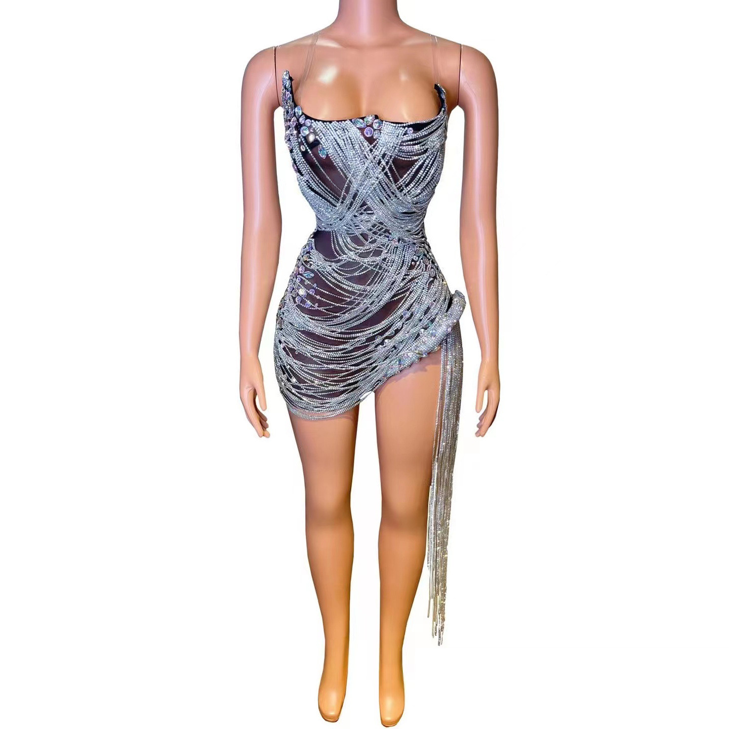 Robe de Soirée avec Strass pour Femme, Tenue de Bal, Sexy, Transparente, Tenue de Scène