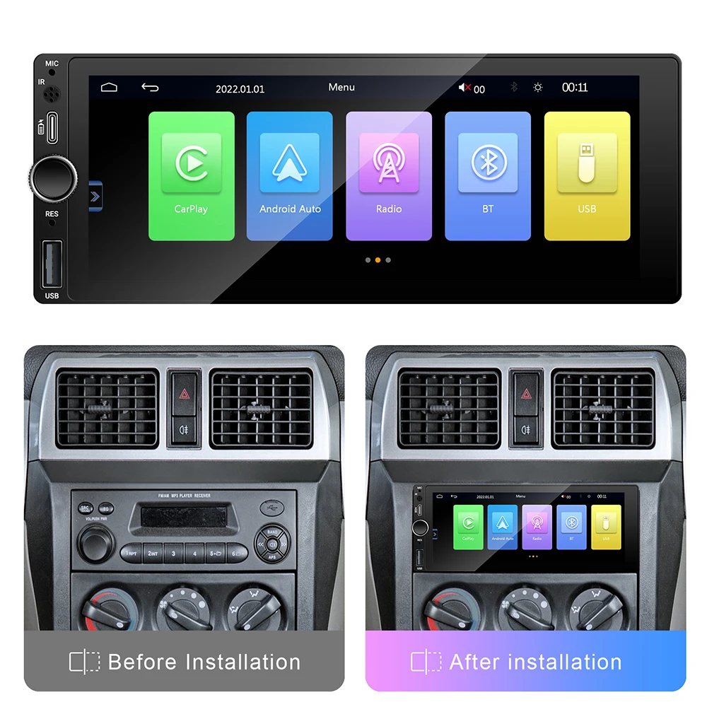 Anyfar 6.86 "1280*480 1 din mp5 player rádio do carro sem fio carplay android auto multimídia player 1din fm rádio automático estéreo