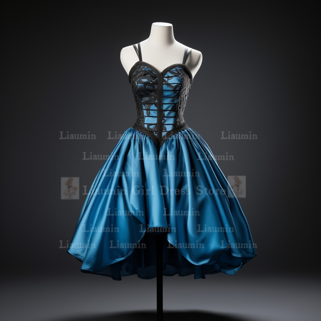 Blaue Satin und schwarze Spitze Rand Applikation träger lose kurze Länge Schnürung zurück Abendkleid Brithday Elagant Kleidung benutzer definierte W1-19