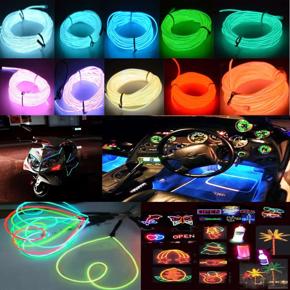 2X 3X 5X  EL Wire 1M Glow String Strips Neon LED Light + Controller + Inverter  3V 12V Sound Activated USB Car Cigarette