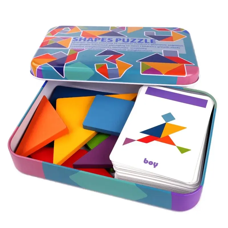 Tangram colorato in legno per bambini, scatola di ferro, puzzle, puzzle, educazione precoce, intelligenza, numero, lettera, giocattoli in legno