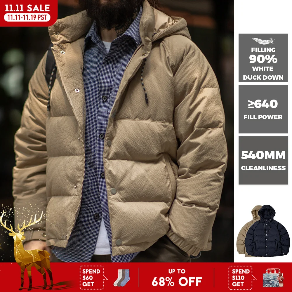 Maden Herren-Winterjacke mit breiter Steppnaht, verdickter Daunenjacke, weiße Entendaunen, marineblaue Kapuzenjacke, hochdichter Stoff, warmes Oberteil
