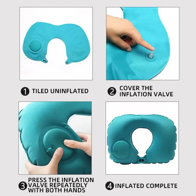 Almohada de viaje en forma de U, nueva almohada inflable Pres para el cuello, portátil, plegable, para viajes al aire libre, coche, avión, inflado, almohadas para el cuello con anillo