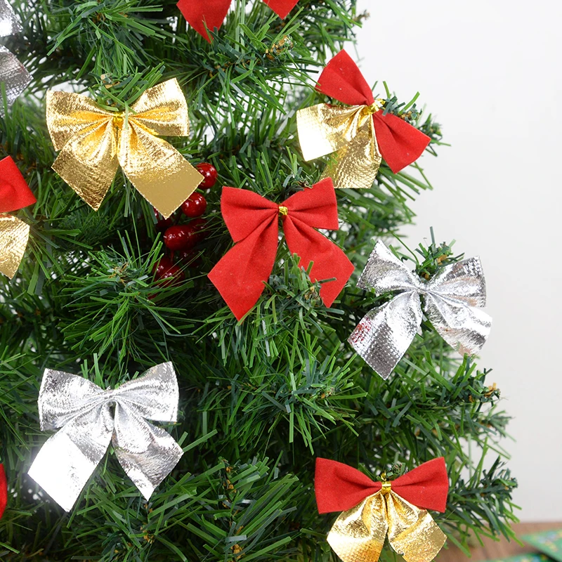 12/24pcs คริสต์มาสโบว์สีแดงทอง MINI Xmas Tree Bowknot จี้เครื่องประดับสําหรับตกแต่งบ้าน Navidad ปีใหม่ DIY ของขวัญ