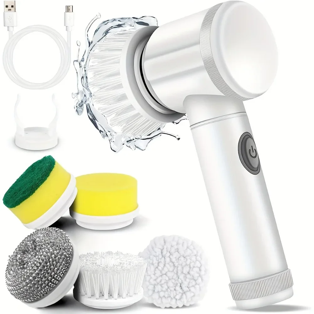 Purificador de rotação elétrico com escovas substituíveis, Escova de limpeza portátil, Chuveiro recarregável, 5 pcs