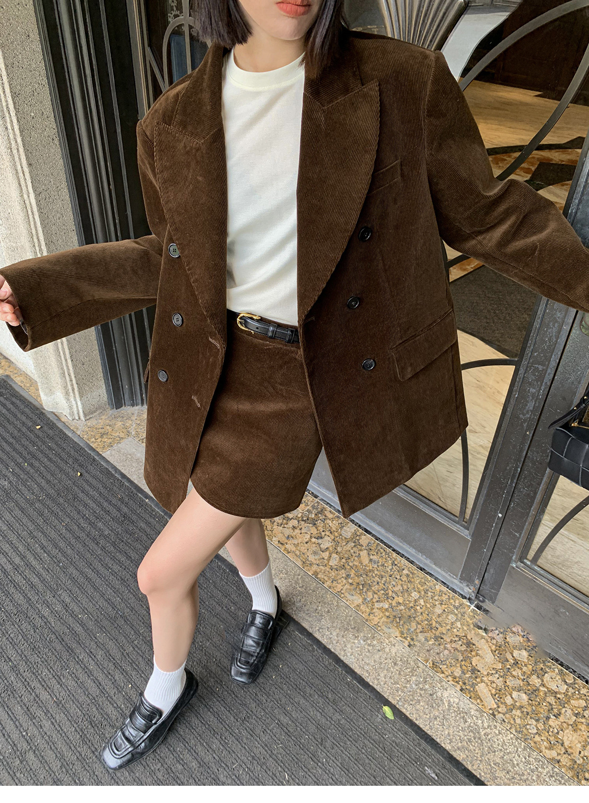 Casaco de veludo feminino trespassado marrom profundo solto silhueta estilo ocidental outerwear blazer