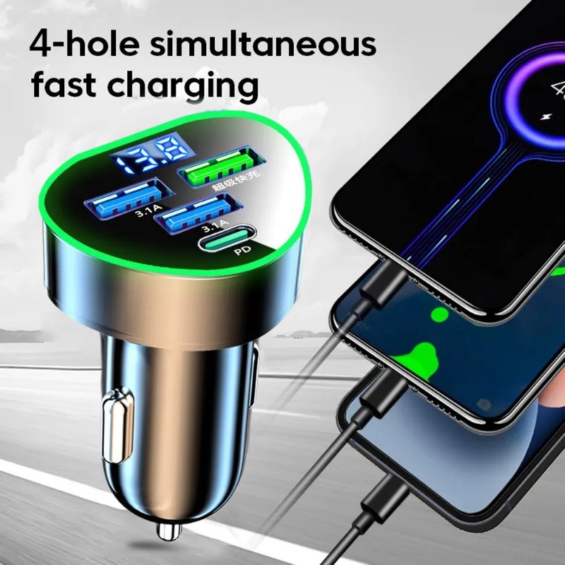 350W autotelefoonoplader USB Type C Supersnel opladen in auto met LED-spanningsmonitor voor IPhone Samsung Huawei Oneplus Vivo Oppo