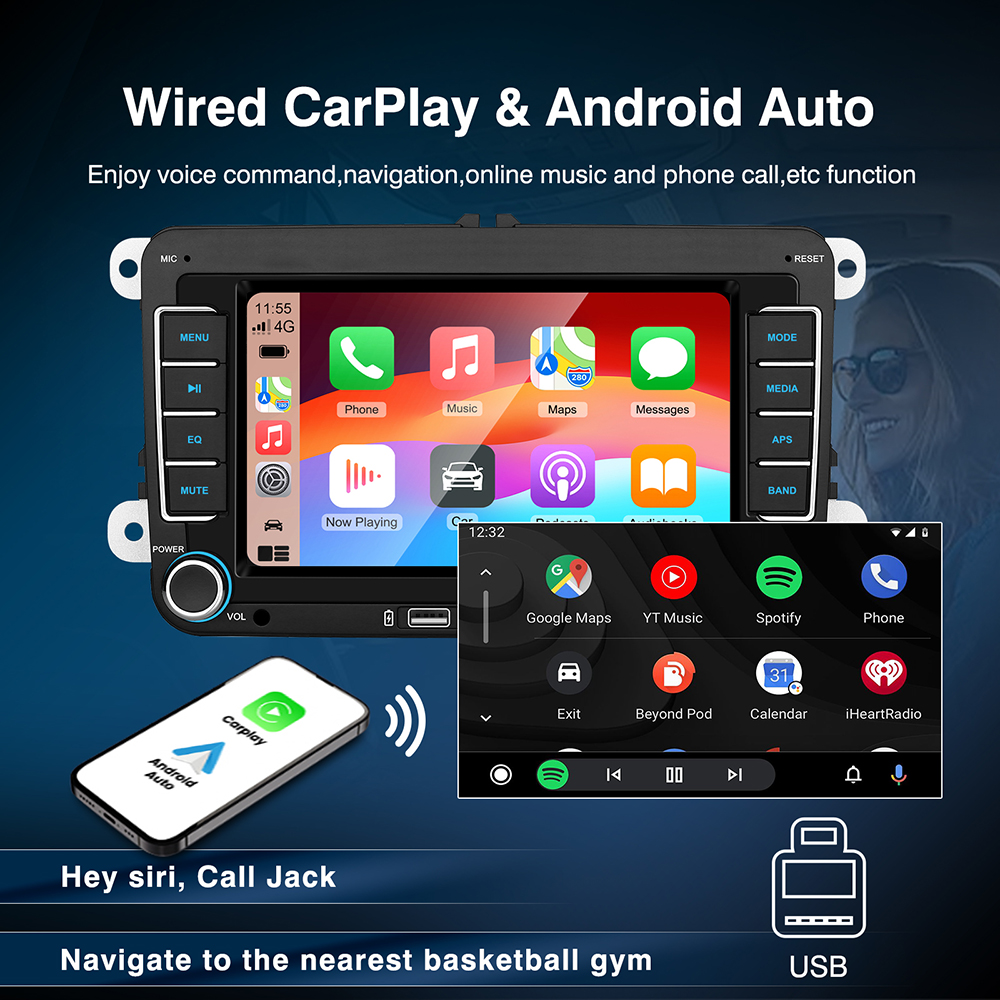7-calowy samochodowy odtwarzacz stereo MP5 Touch Creen BT AM/FM z Android Auto Carplay dla VW/Seat/Skoda/Passat/Golf/Polo