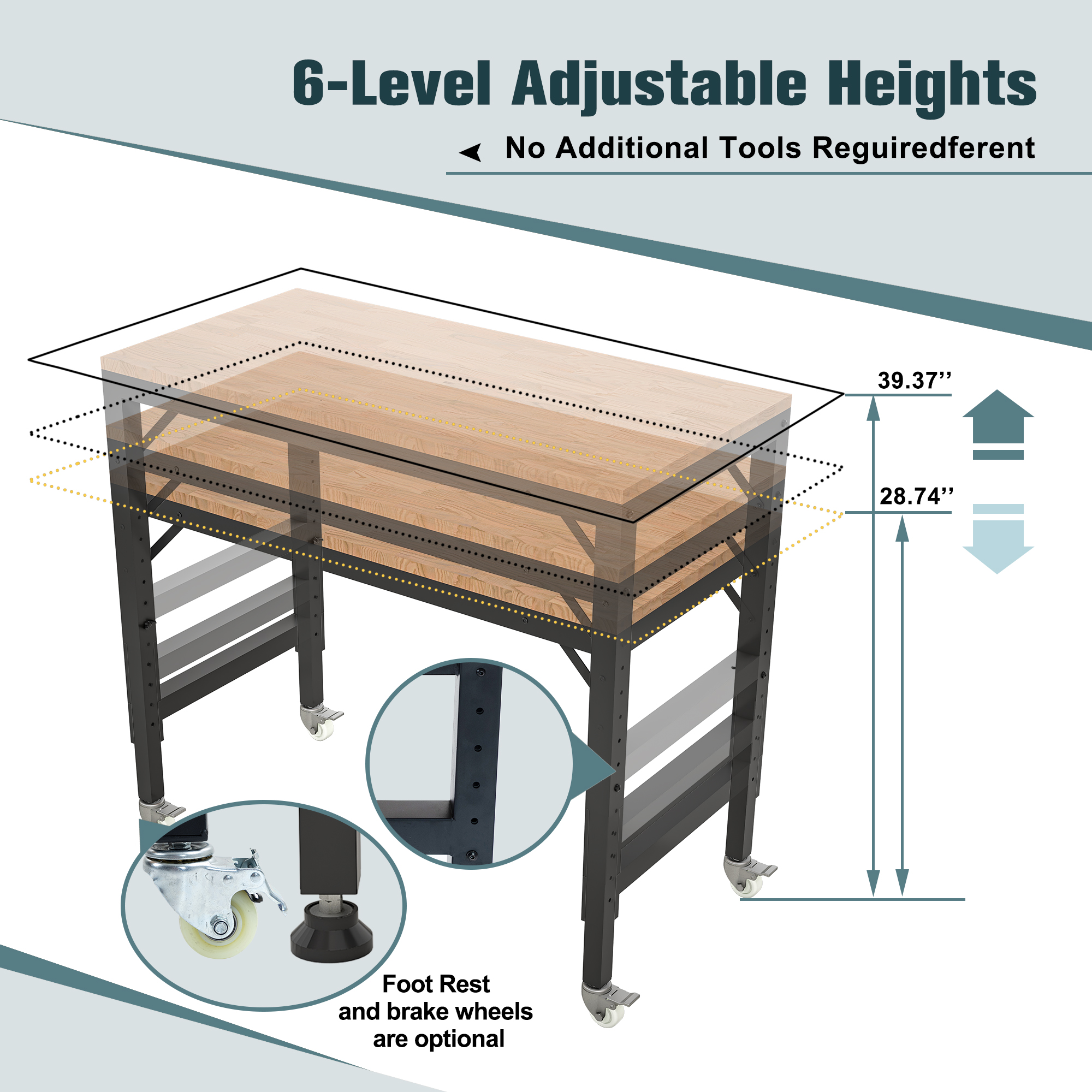 LZBEITEM 48"Heavy-Duty Adjustable Workbench table W/Metal Wheels, Hardwood Workstation Weight Capacity over 2000 Lbs with Wheels
