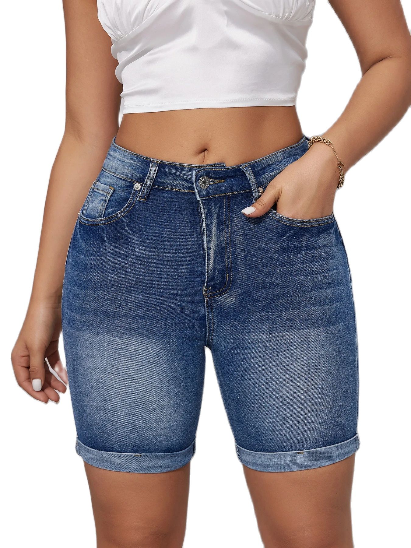 2024 Summer New High Waist Ripped Denim Shorts For Women Fashion Stretch Skinny Knee Length Jeans Shorts Casual Odzież Damska