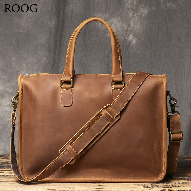 ROOG Neue Herren-Aktentasche aus echtem Top-Layer-Rindsleder, abnehmbarer Schultergurt, bietet Platz für ein 14-Zoll-Tablet