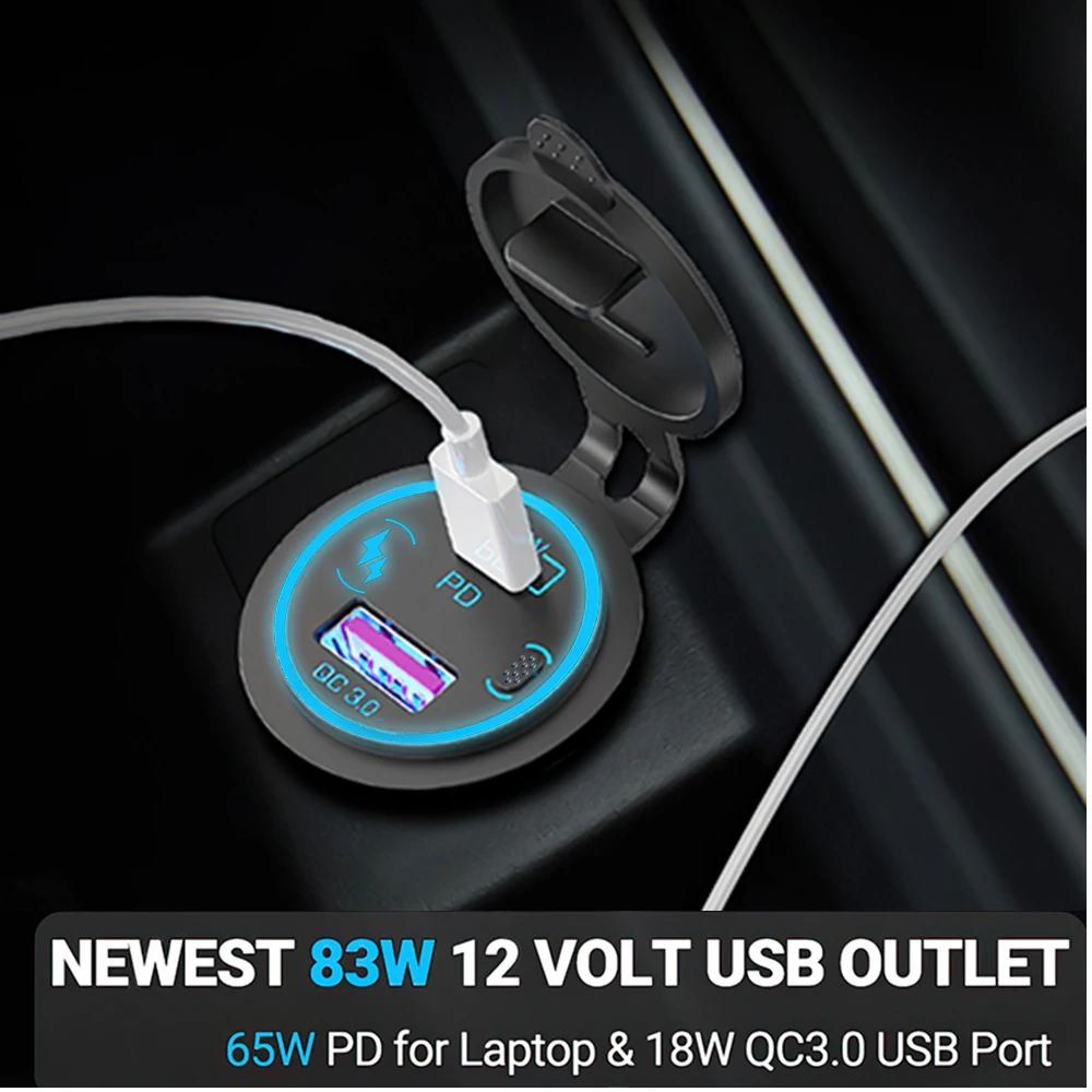 85w pd tipo c/qc 3.0 carregador de carro usb com interruptor tomada de carga rápida adaptador à prova dwaterproof água para 12v 24v carro caminhão barco