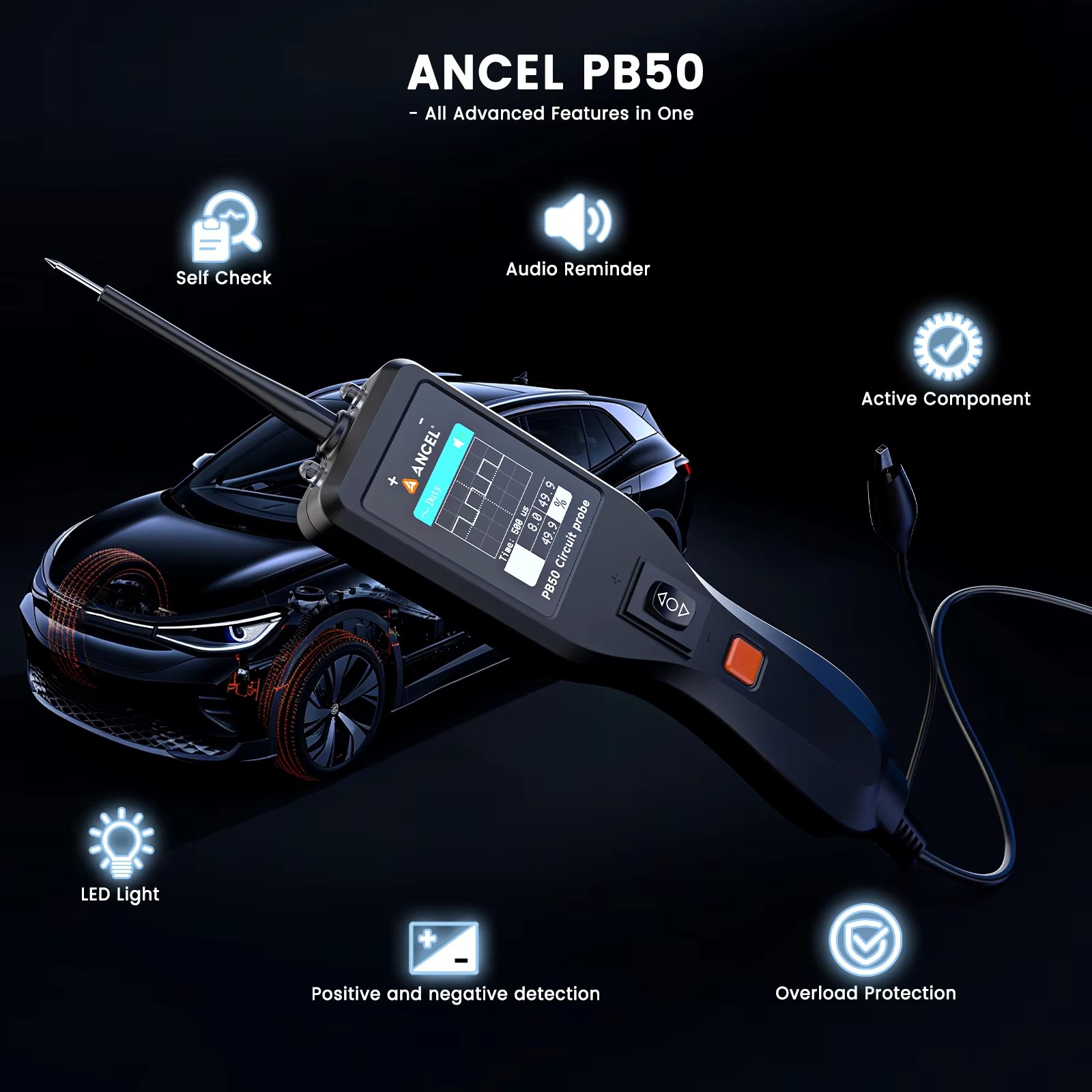 ANCEL PB50 12/24V probador de circuito eléctrico de coche sonda pluma probador prueba resistente voltaje Kit de sonda de potencia prueba de batería automática
