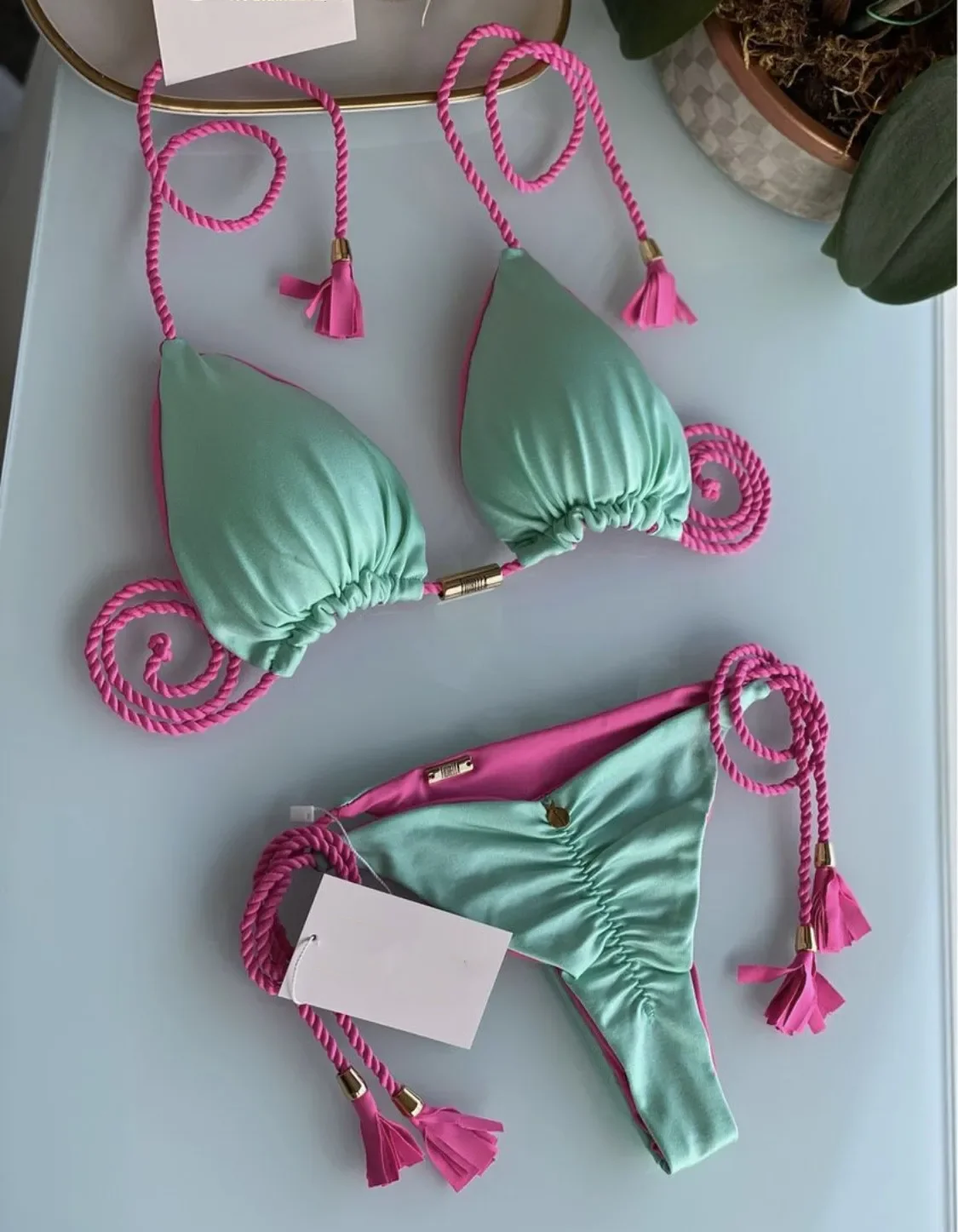 Nouveau Femmes Bikini dos nu corde Triangle maillot de bain multicolore