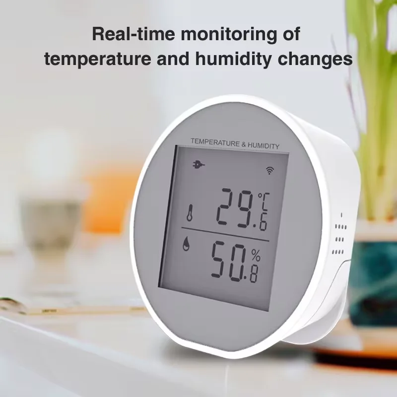 Tuya wifi sensor de umidade temperatura lcd display digital termômetro sensor 55db alarme sonoro suporte usb ou alimentado por bateria