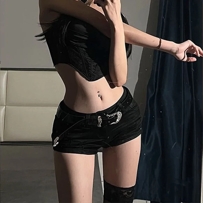 Y2k 黒のセクシーなゴシックデニムショーツ女性スキニーハイストリートローウエスト夏のストリートシックなパンクスタイルのファッション Hotsweet レディース