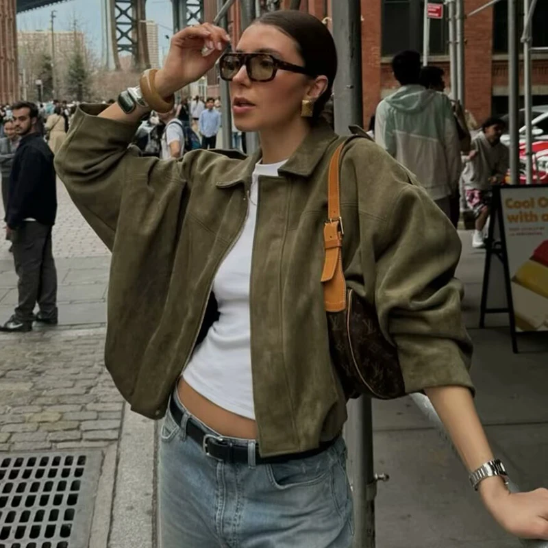 TFMLN Otoño Invierno mujer chaqueta de gamuza abrigo 2025 nueva moda de manga larga con cremallera abrigo Bomber suelto Chic señora Casual ropa de calle