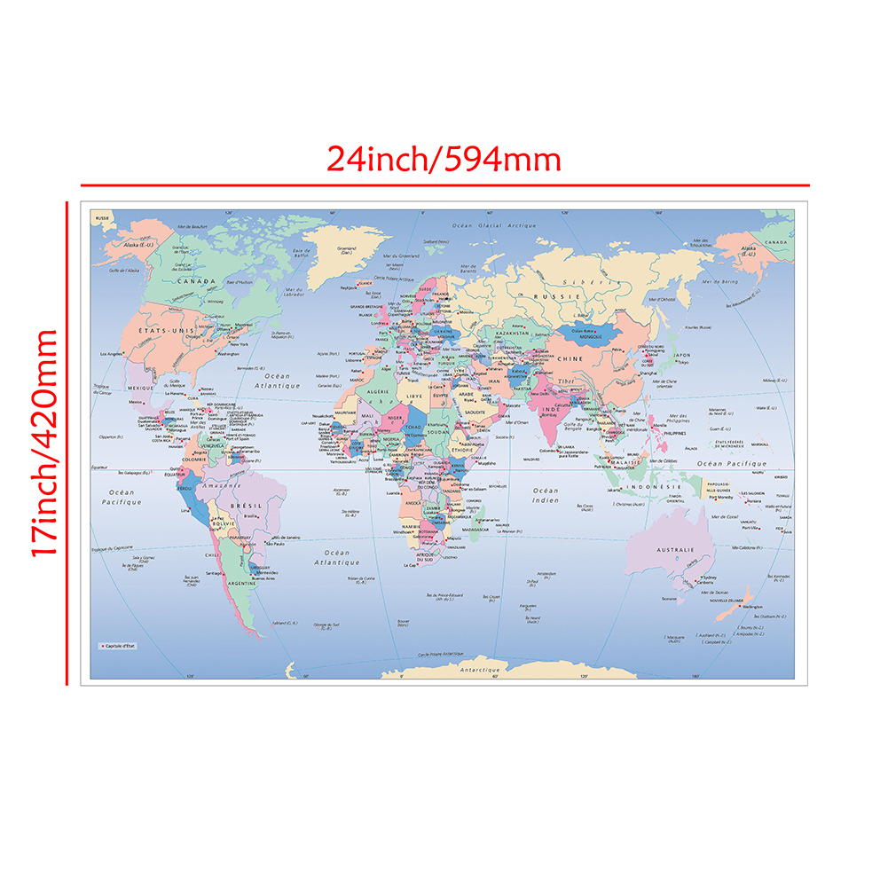 59x42 ซม.World แผนที่ A2 ขนาดแผนที่โลกภาษาฝรั่งเศสคําผ้าใบโปสเตอร์ตกแต่งแขวนภาพ Office & โรงเรียนซัพพลาย