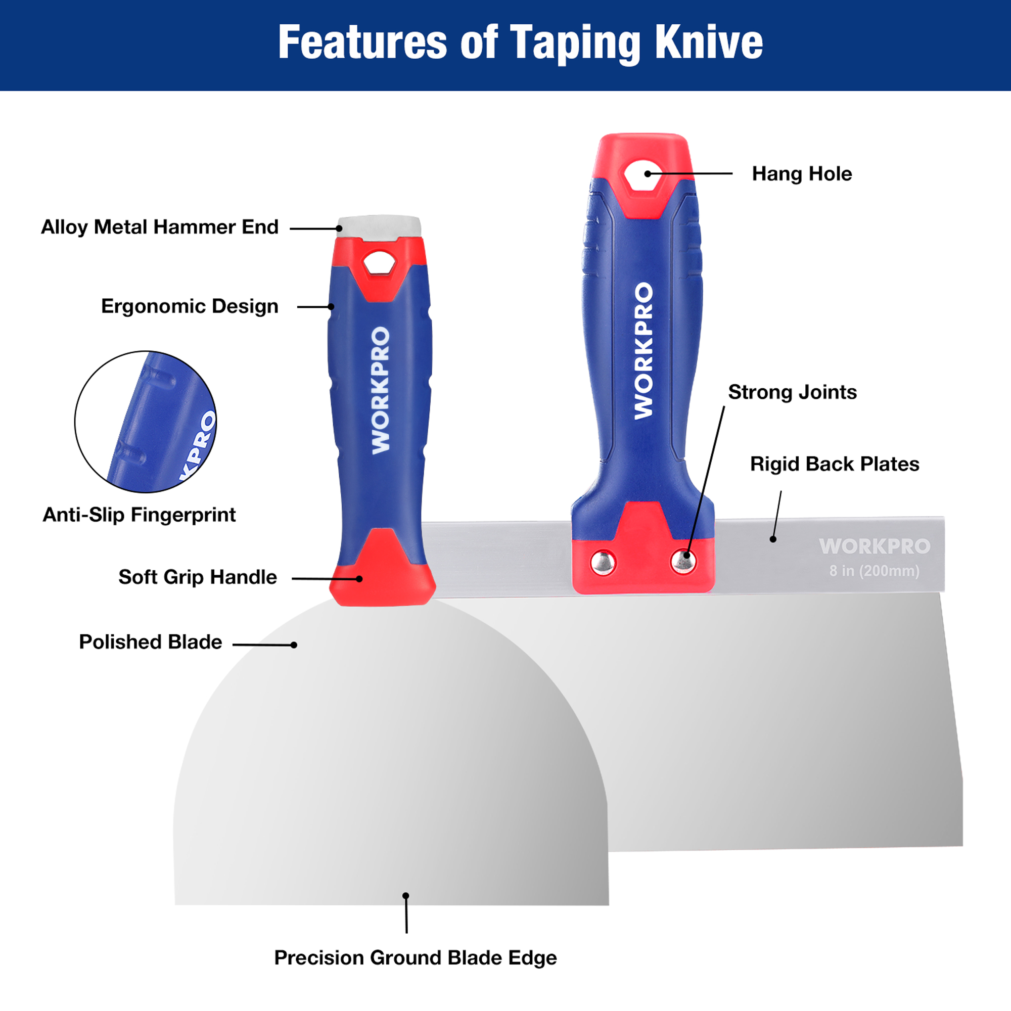 WORKPRO Drywall Tools, Stainless Steel Putty Knife Taping Knife 8 in 1 Painting Scraper with Mud Pan, Spackle Knife Set for Dryw