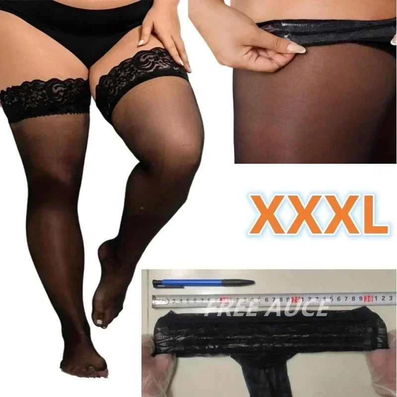 FREEAUCE Medias de talla grande para mujer con encaje antideslizante de gran tamaño XXXL medias de rejilla transparentes hasta el muslo calcetines largos por encima de la rodilla negros