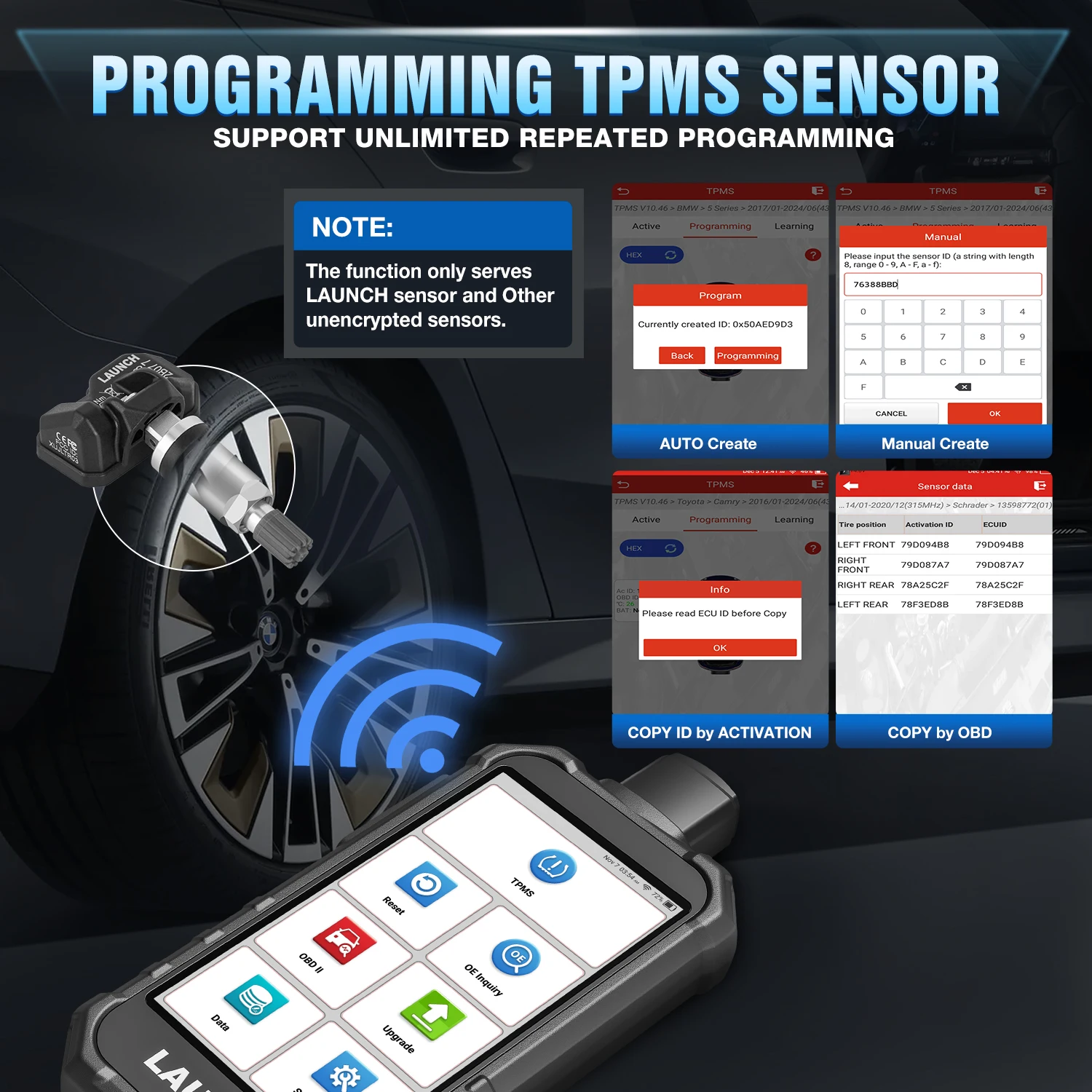 LAUNCH X431 5011 V2 TPMS-Tool OBD2 12 Reset-Funktionen WLAN aktivieren 315/433 MHz Sensoren Reifendruck-Diagnosetool vs. CRT5011E