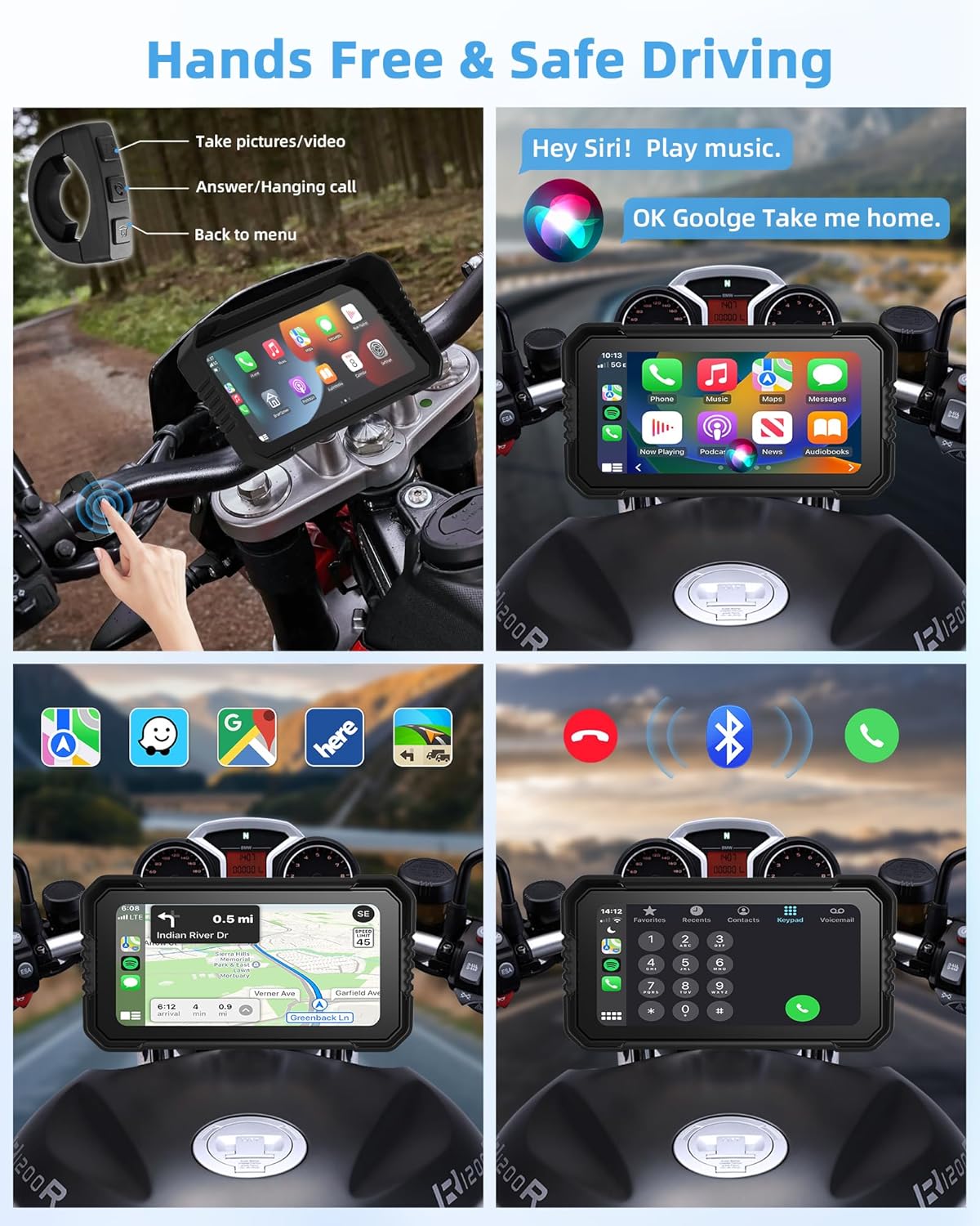 Portátil 5 "/6,25" IPX7 impermeable motocicleta GPS navegación DVR pantalla Carplay para Moto cámaras duales grabadora de unidad Monitor de Moto