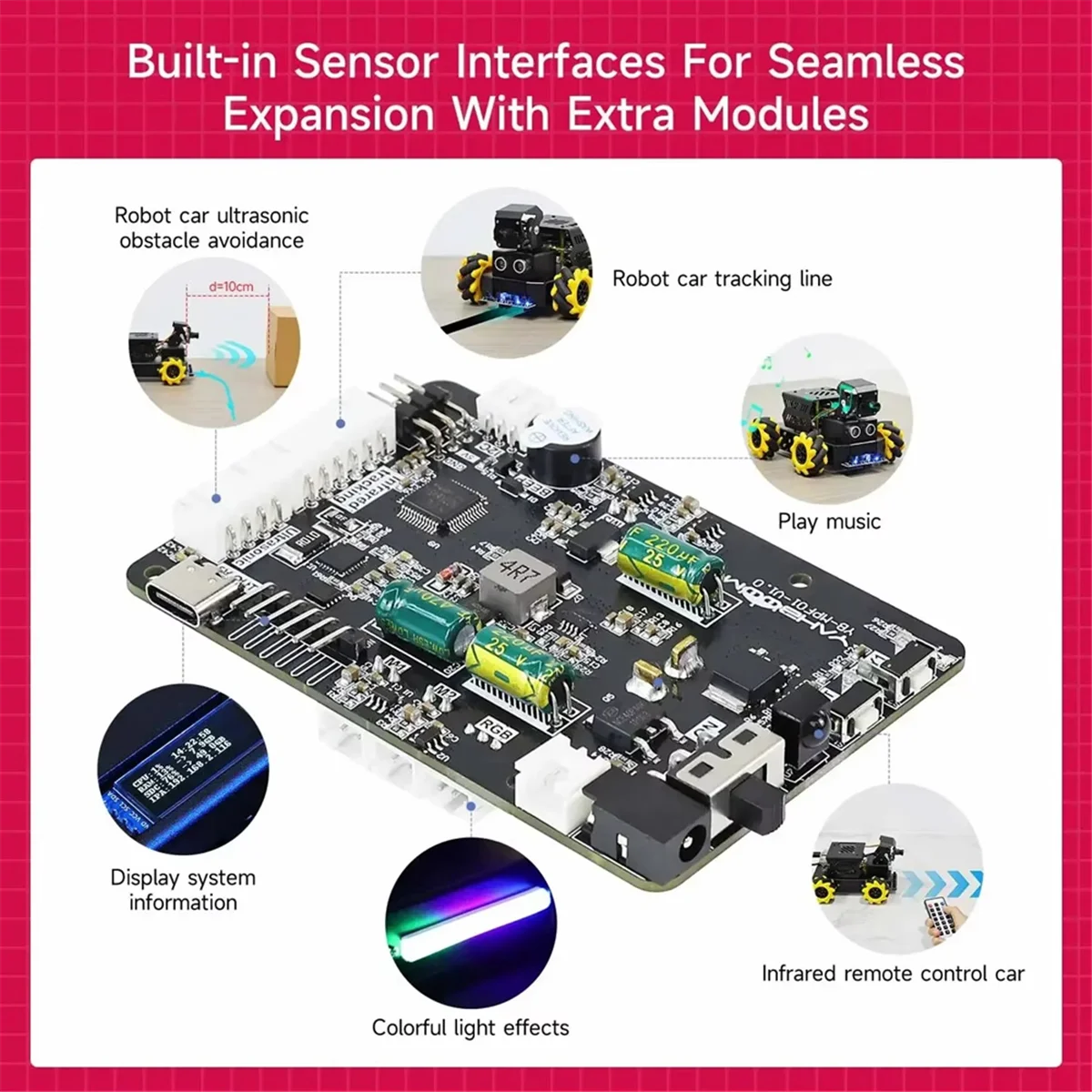 Para raspberry pi 5 robô kit de placa de acionamento de expansão com sensor servo motor controlador de acionamento de quatro rodas motor de direção-lite