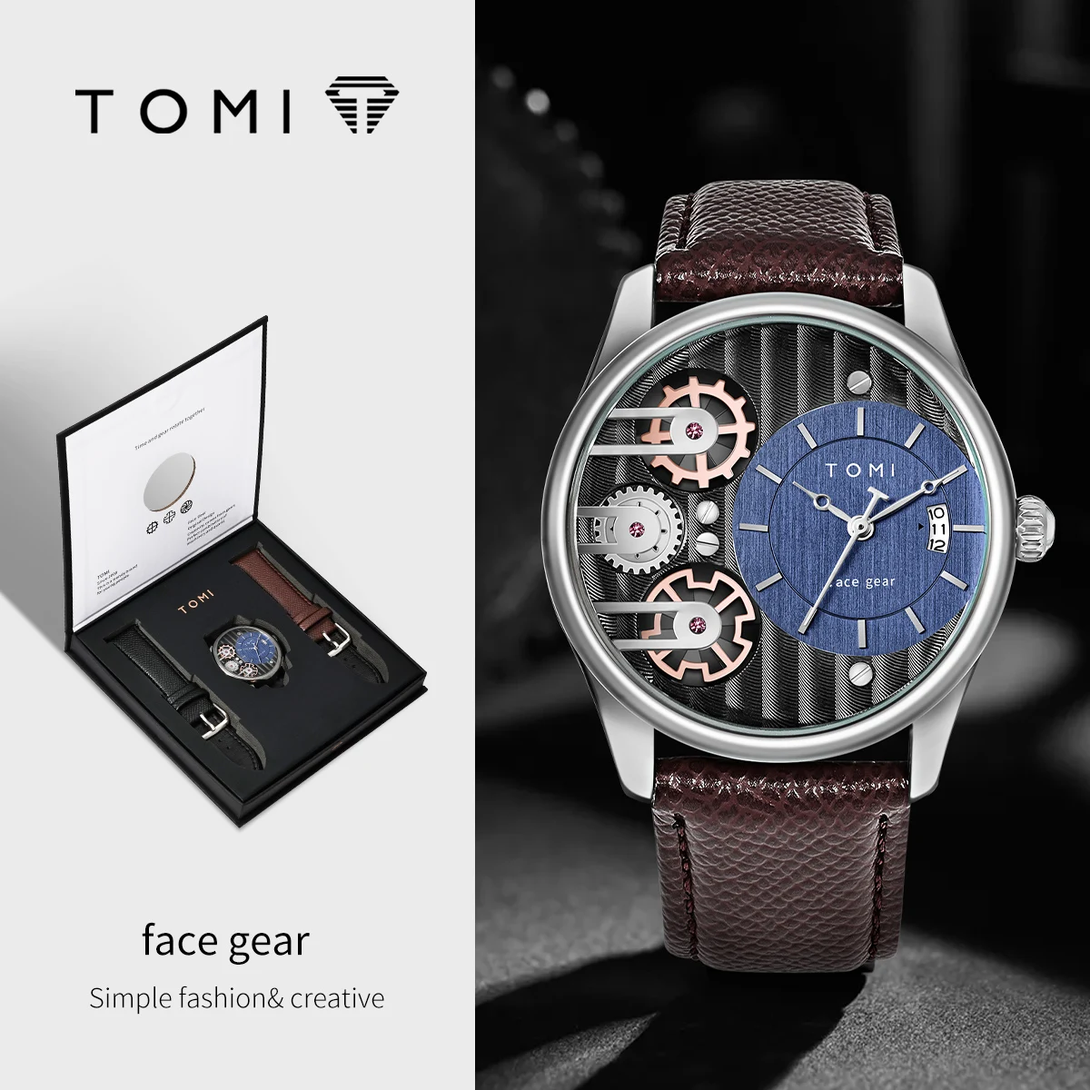 TOMI メンズ ギフトボックス コンビネーションセット 腕時計 高級 シンプル ビジネス 取り外し可能ストラップ クォーツ時計 メンズウォッチ フェスティバル ギフト