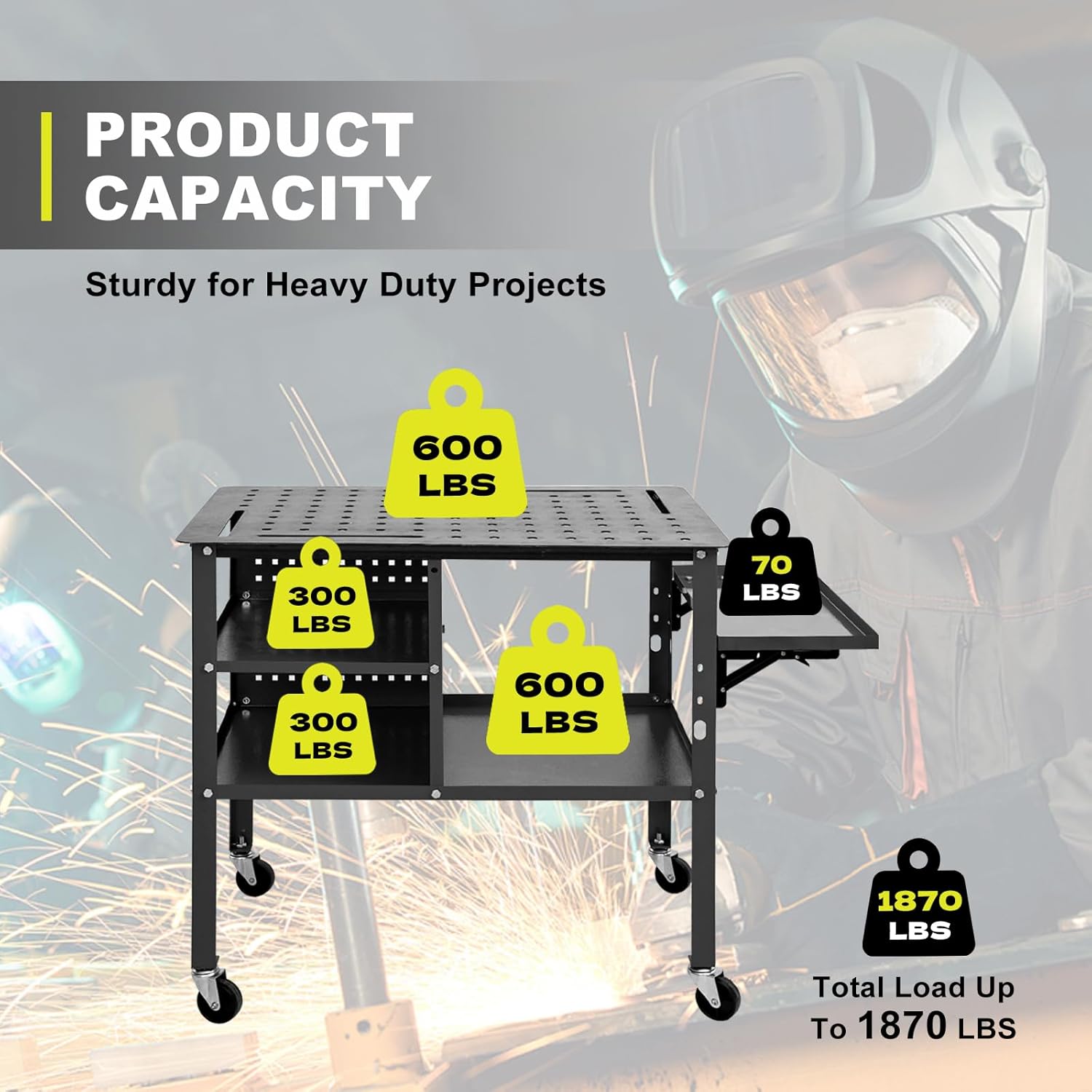 Welding Table, Portable Rolling Metal Cart with 5/8'' Fixture Holes, 1800lbs Heavy Duty Steel Workbench with Wheels