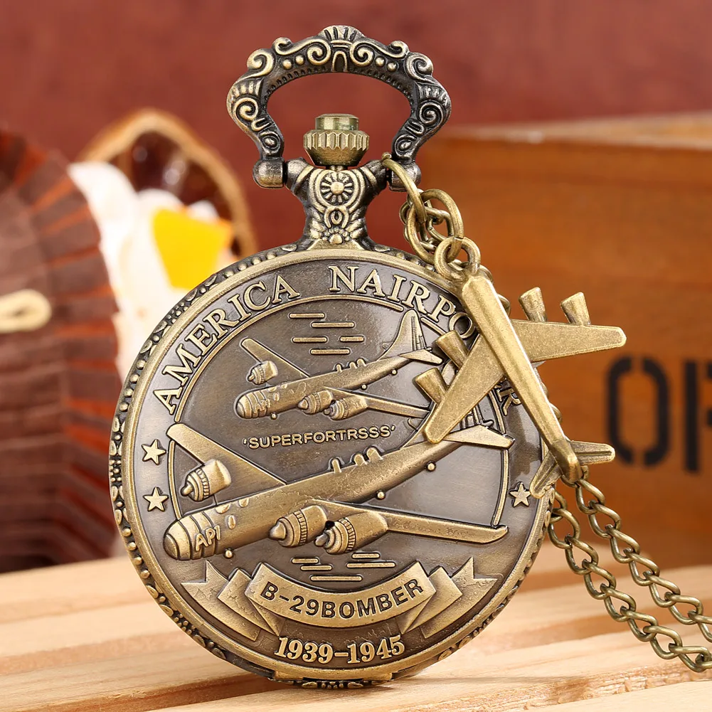 Retro Air Force Kämpfer Taschenuhr Quarz Flugzeug Zubehör Anhänger Uhren mit Halskette Bronze Uhr Geschenk Kämpfer Enthusiasten