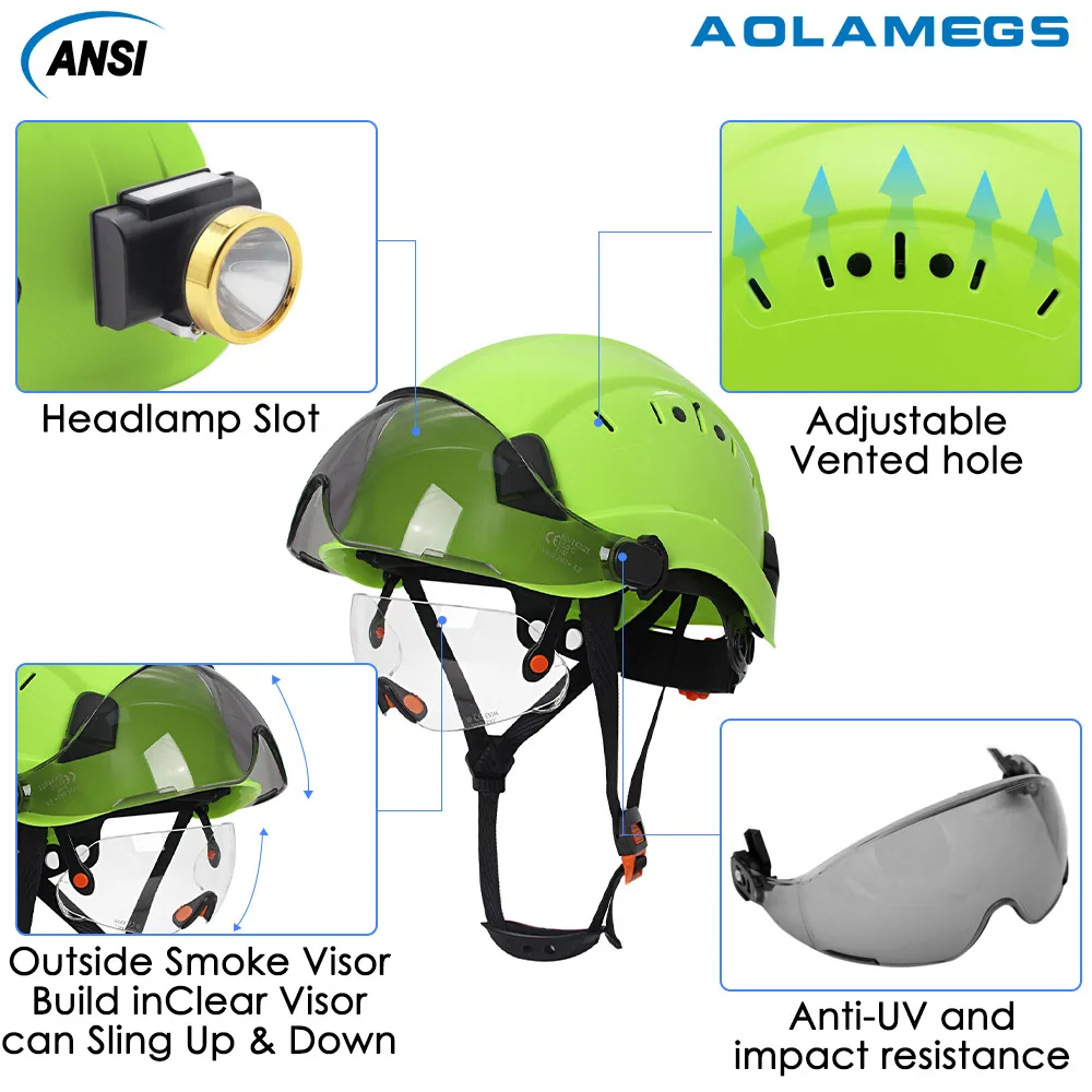 CE Construction Safety Helmets with Double Goggles Engineer Breathable ABS Work Cap Head Protection ANSI Climbing Rescue Cap