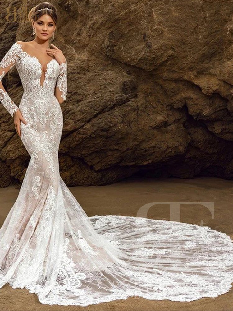 BEBEKEY Langarm-Brautkleid aus Spitze für Damen, U-Ausschnitt, Hochzeitskleid mit Kapellenschleppe, Meerjungfrau-Hochzeitskleid