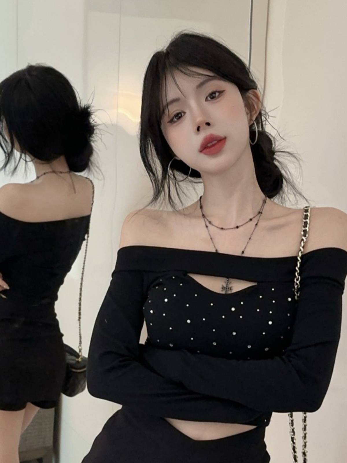 Pure Desire セクシーなデザイン長袖レディース Tシャツショート中空アウトワンショルダーダイヤモンドヒートプレス高級感トップ