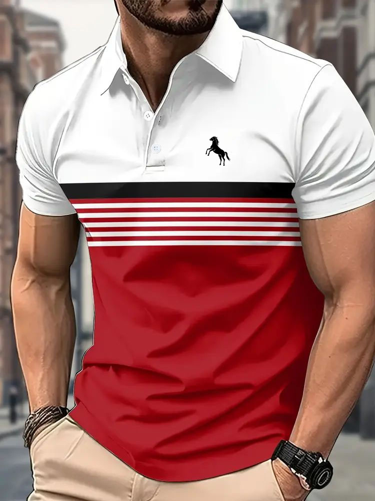 Polo décontracté à manches courtes pour hommes, avec imprimé cheval 3D, rayé, Design bloc de couleurs, chemise de Golf à col de Style sportif pour l'été