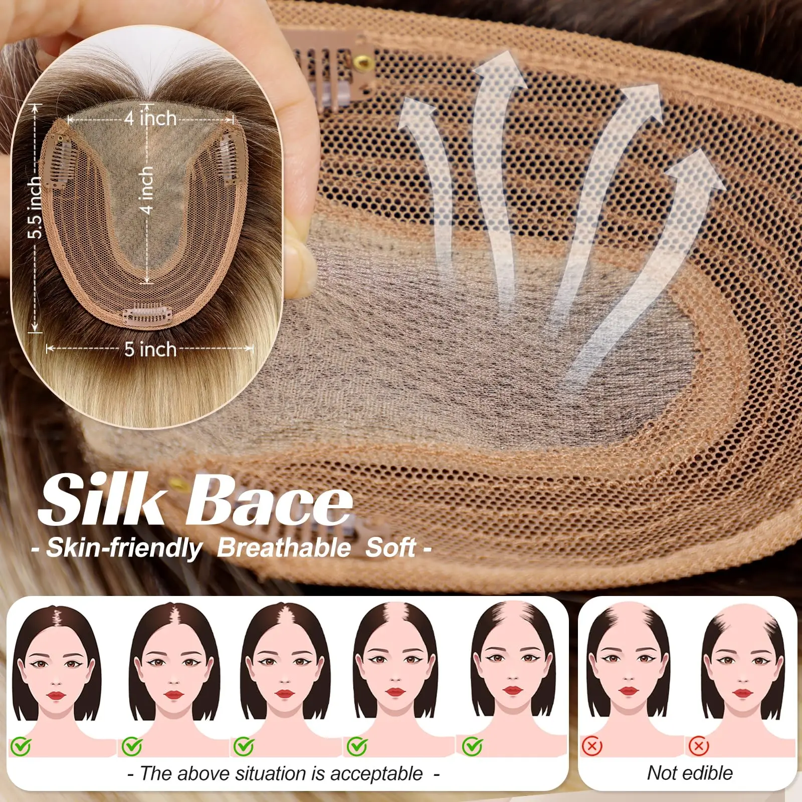 Cheveux humains à reflets bruns et blonds, 5x5.5 pouces, Base en soie, 14 pouces, Toppers réels avec 3 Clips pour femmes, perte de cheveux