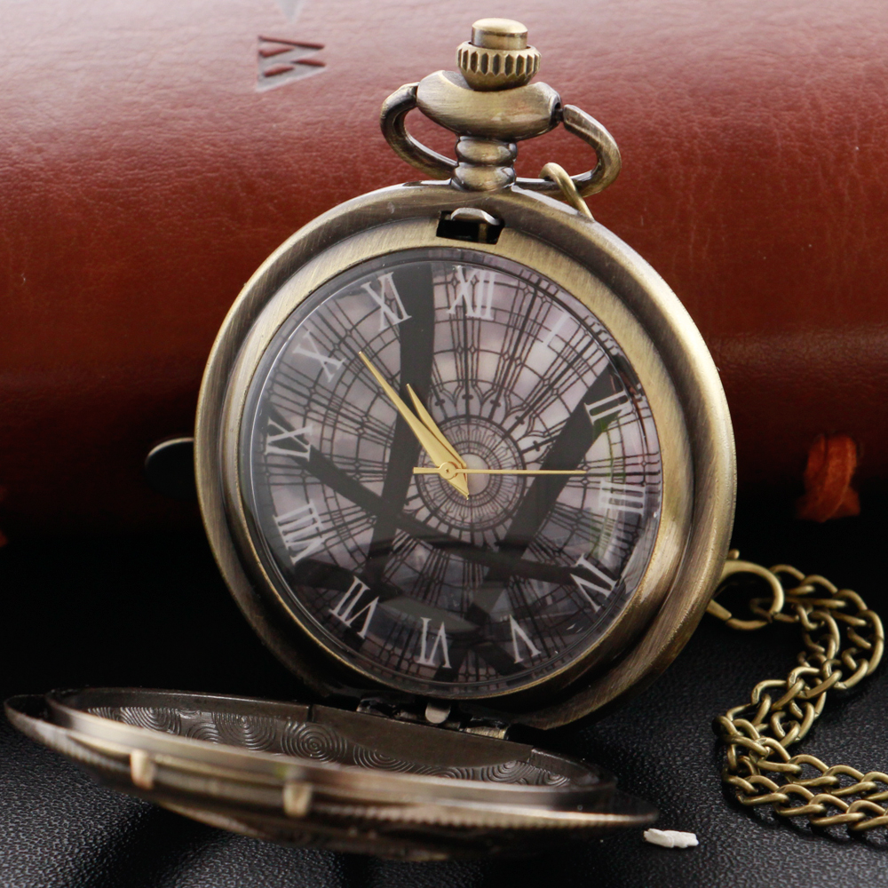 Vintage bronze olho redondo caso forma relógio de bolso de quartzo jóias pingente colar corrente presentes para homens