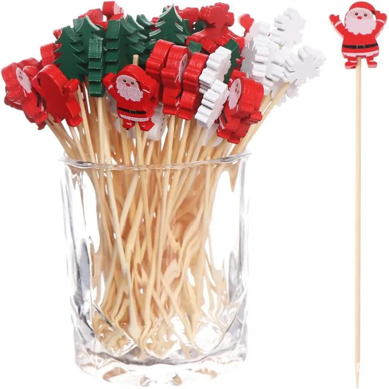 50 Pz/set Bastoncini di Frutta Di Natale Bastoni di Bambù Usa E Getta Fiocco di Neve Albero Di Natale Alce Babbo Natale Pupazzo di Neve Bastoni Ornamenti di Natale