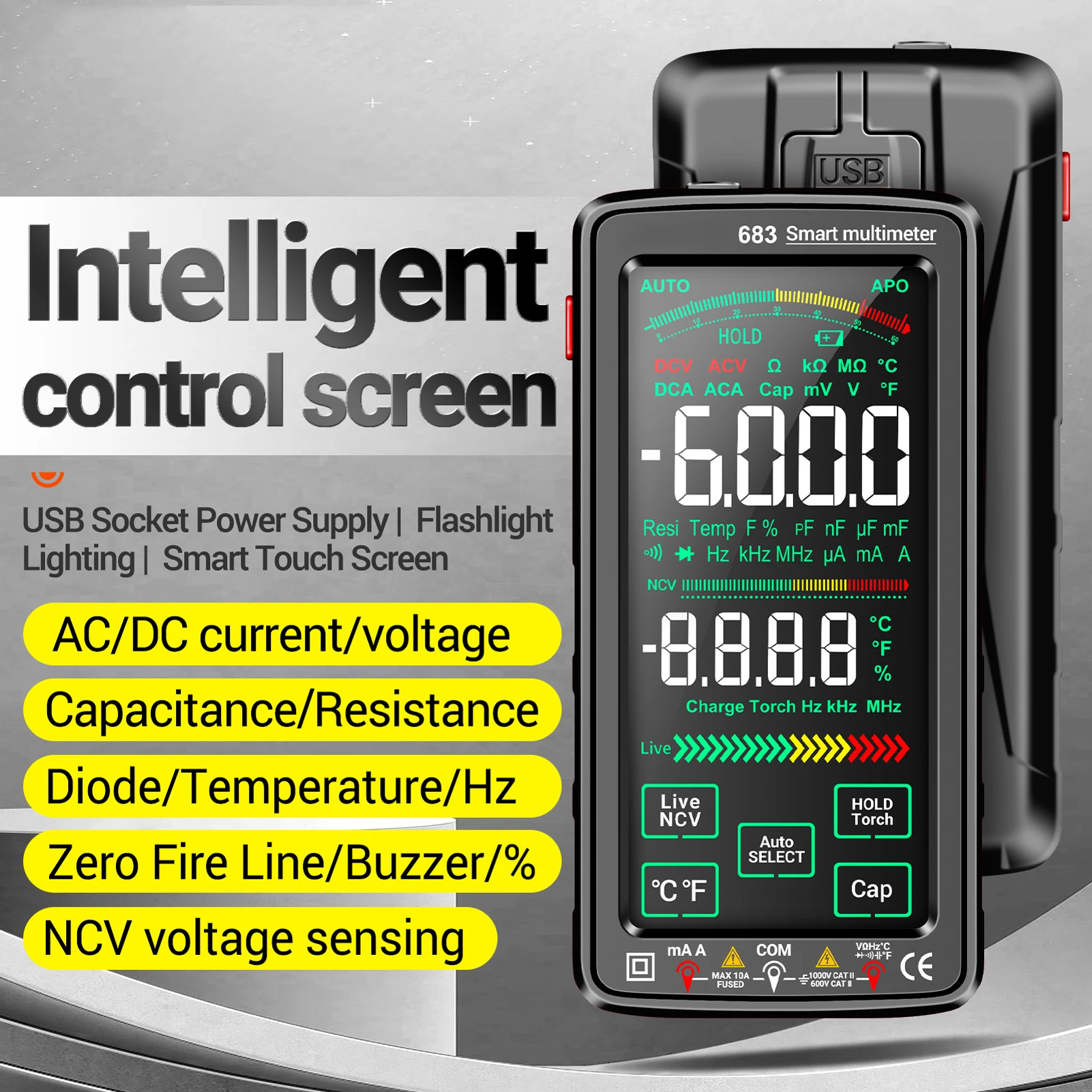 ANENG 683 Multimetro digitale touch screen grande da 6000 conteggi Misuratore universale ricaricabile anti-scottatura intelligente VA Display inverso NCV
