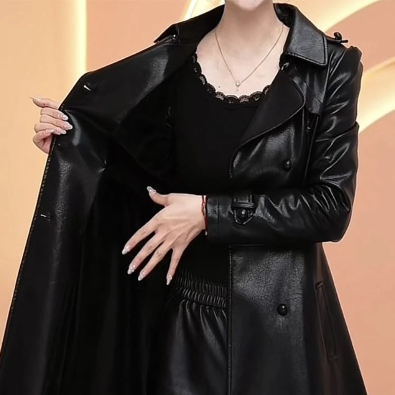 2023 frühling Herbst Neue Mode Minimal Pendeln PU Leder Mantel Frauen Mid-länge Temperament Kleine Taille Waschen Lose Mantel