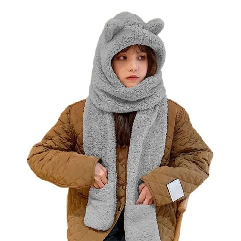 652F Trendy Soft Headwear Untuk Wanita Berkemah Leher Berbulu Lebih Hangat dengan Sarung Tangan Novelty Syal untuk Olahraga Luar