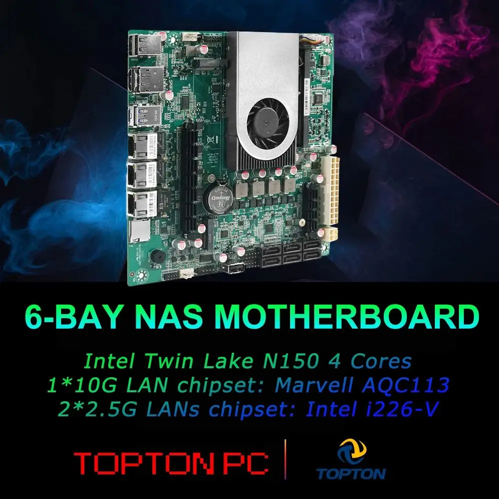 Материнская плата Topton с 6 отсеками NAS Intel N150 6*SATA3.0 2*M.2 NVMe 2*2.5G LAN Nics 1*PCIE X1 1*DDR5 Маломощная материнская плата Firewall ITX