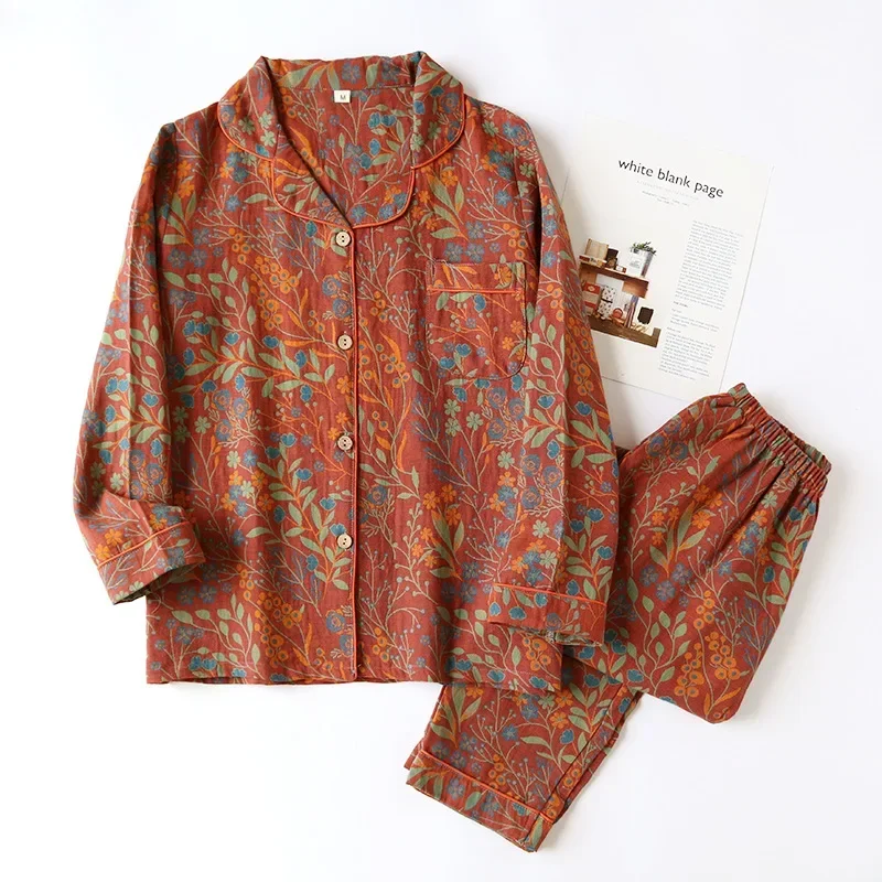 New Vintage Women's Pajamas Cotton Yarn Long Sleeve Pants Sleepwear Lapel Cardigan Home Clothes Soft Casual Set Woman 2 Pieces