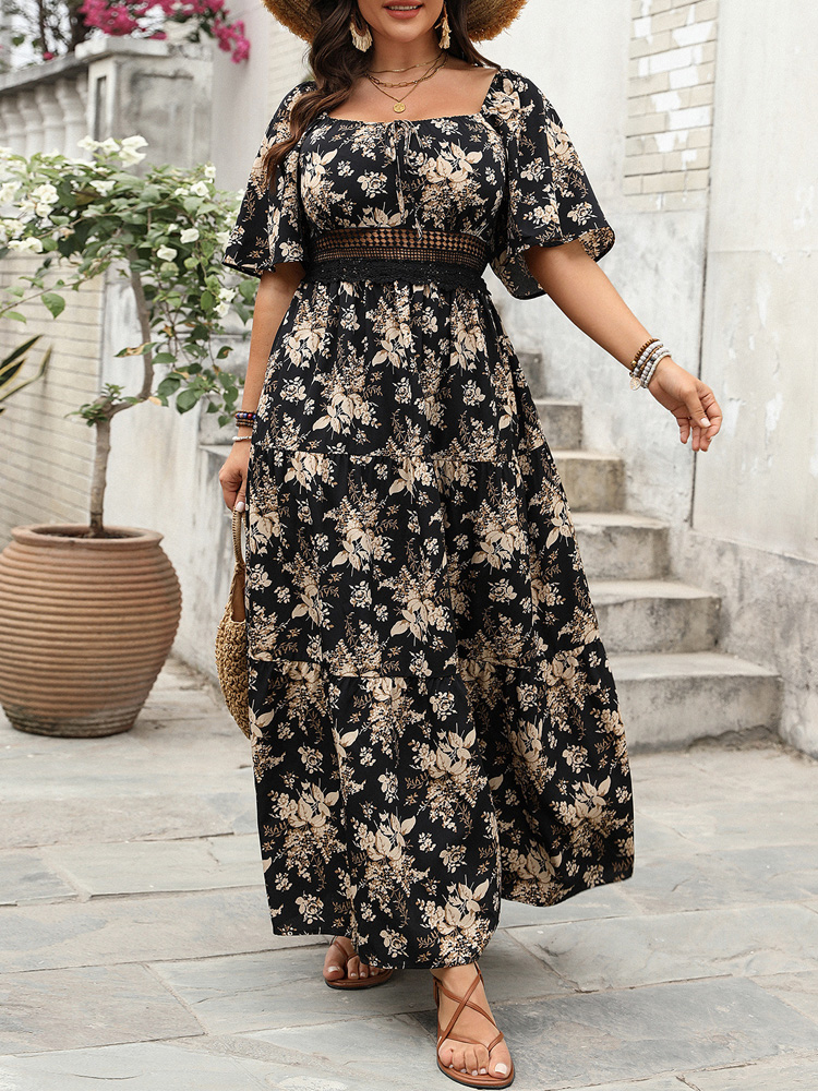 GIBSIE Plus Size Maxikleid mit quadratischem Ausschnitt und Blumendruck für Damen, Sommer, 2025, Knoten vorne, aushöhlen, Boho-Urlaub, große Swing-Kleider