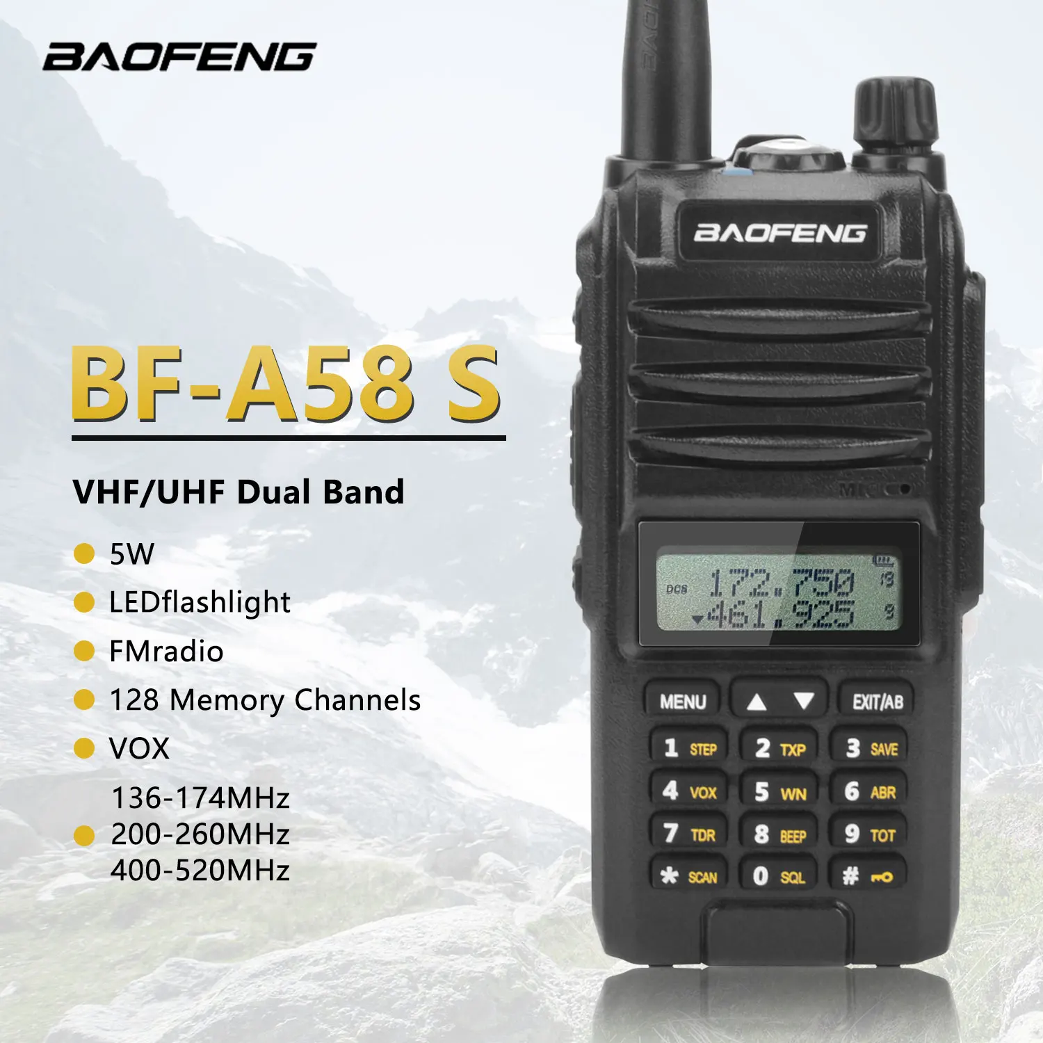 BAOFENG BF-A58S Walkie Talkie Tri-banda 136-174MHz200-260MHz 400-520MHz 128Ch FM VOX Roger Beep Radio bidireccional portátil