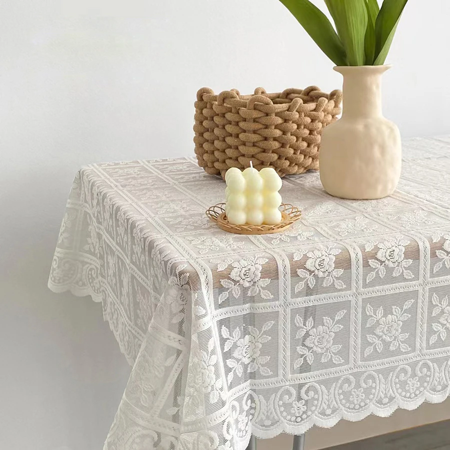 One Antique Embroidered Lace Tablecloth - Solid Color Elegant Flower Cut Process Polyester Square Tablecloth, 100% Polyester