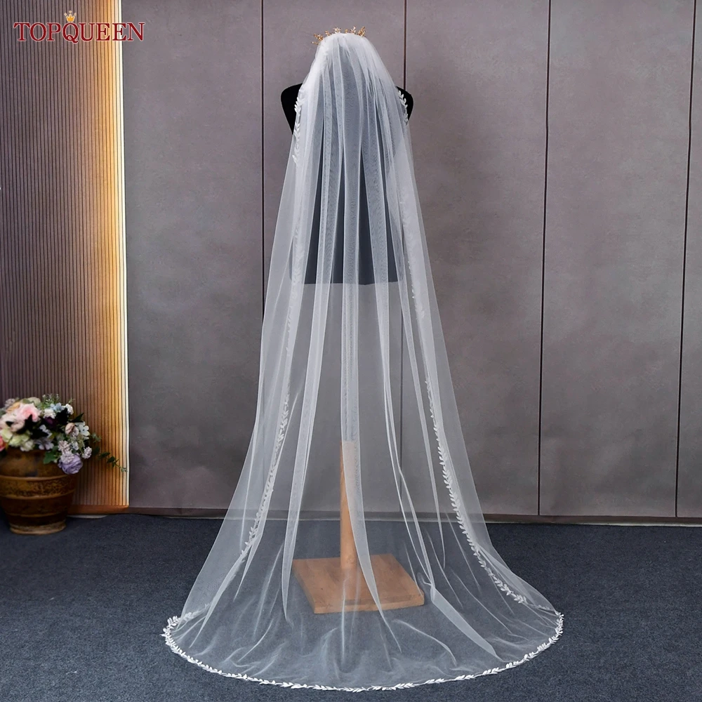 TOPQUEEN V129 ผ้าคลุมหน้างานแต่งงานสั้นLeaf Vine Applique Edgeธรรมดาผ้าคลุมหน้าเจ้าสาวOne Laye Elegant Rochiiอุปกรณ์จัดงานแต่งงานขอบ