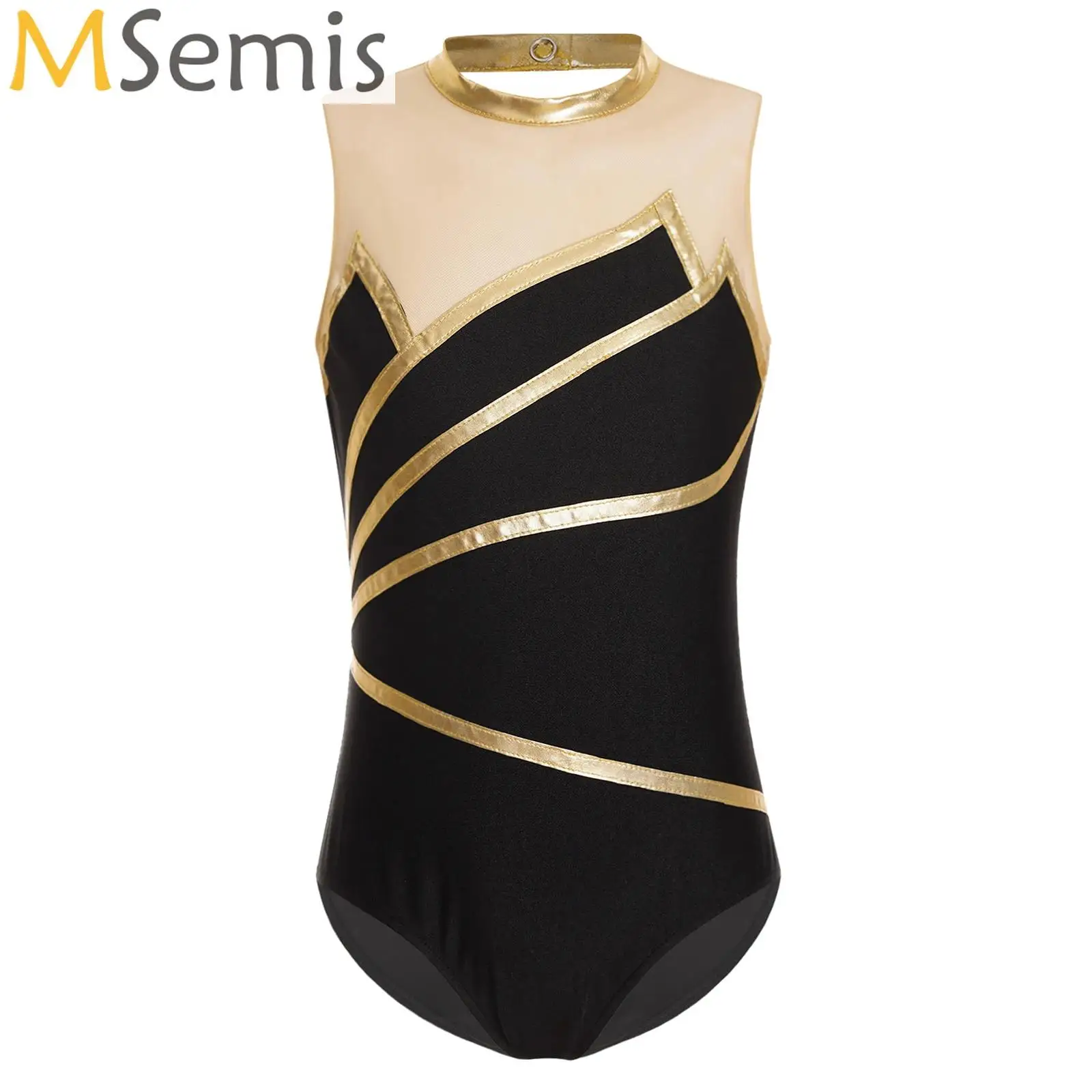 Kinder Mädchen Metallic Gestreiften Gymnastik Trikot Sheer Mesh Patchwork Ärmellose Sport Ballett Tanz Body Dancewear