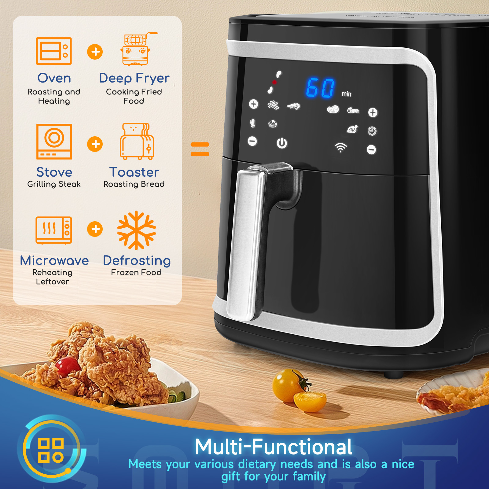 Freidora de Aire Inteligente Sin Aceite, 7L, Pantalla LED Táctil, 7 Funciones Preestablecidas + Mantener Caliente y Modo Manual, Cesta Antiadherente Extraíble, Conexión Wifi, Libre de BPA, 1900W