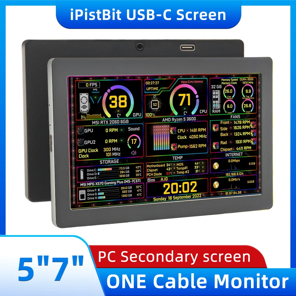 5/7-дюймовый дополнительный экран IPS Type-C, динамический ЖК-дисплей 1024x600, процессор, графический процессор, оперативная память, поддержка вертикального свободного AIDA64