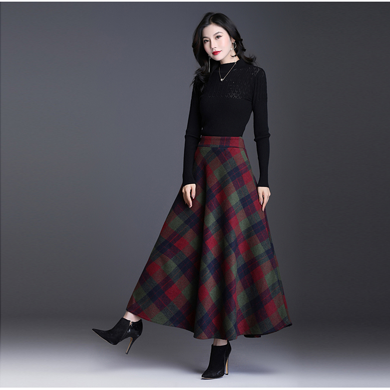 Falda larga a cuadros para mujer, prenda gruesa y cálida de cintura alta, informal, de lana, 3XL talla grande, invierno, 2021